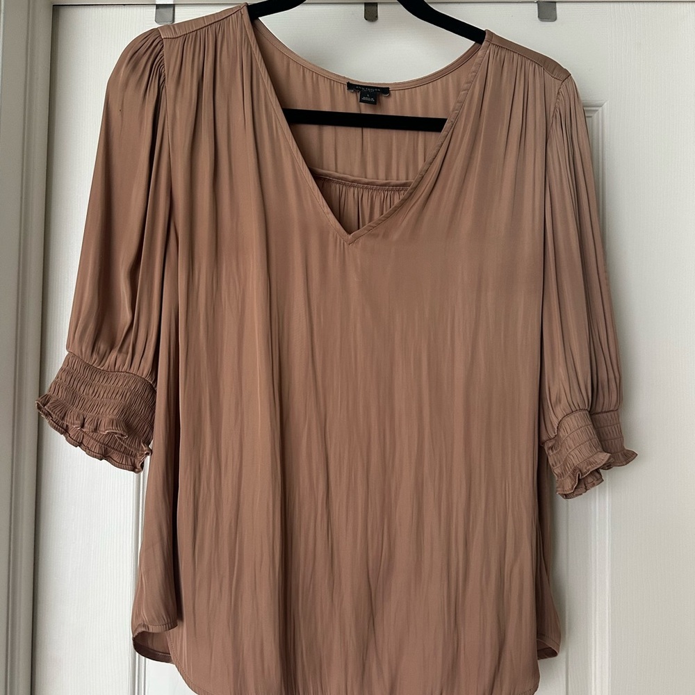 Ann Taylor Factory Tan Blouse with Ruffled Sleeves